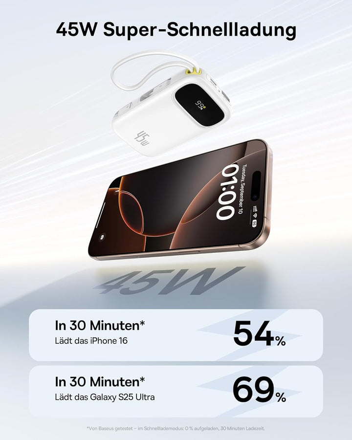 Baseus QPow3 Powerbank 45W 20000mAh mit 2 integriertem USB-C Kabel, Power Bank PD3.0 QC4.0, 3 3 C 1
