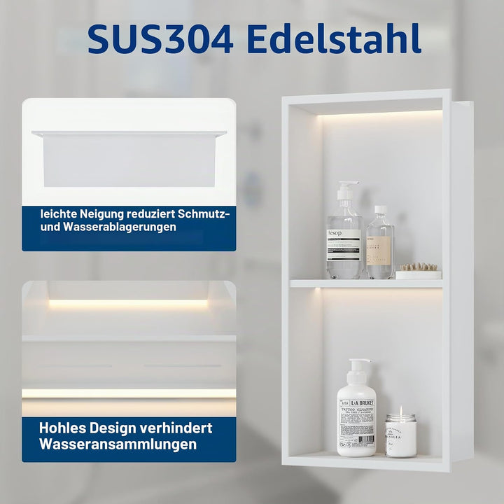 Wandnische Dusche Edelstahl mit LED-Beleuchtung, Doppel-Duschnische mit Regal Weiss Lagerung für Bad