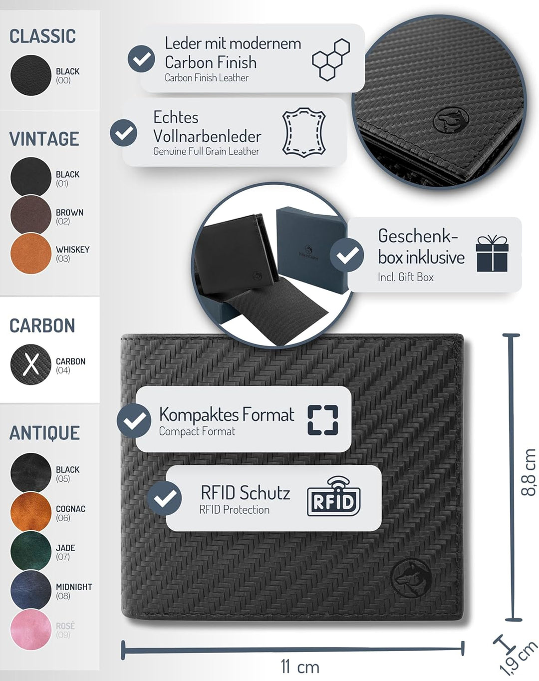 Wolfstrøm Geldbörse Herren Leder 'Nørge' – Tri-Fold Herren-Portemonnaie RFID-Blocker – 6 Karten-Fach
