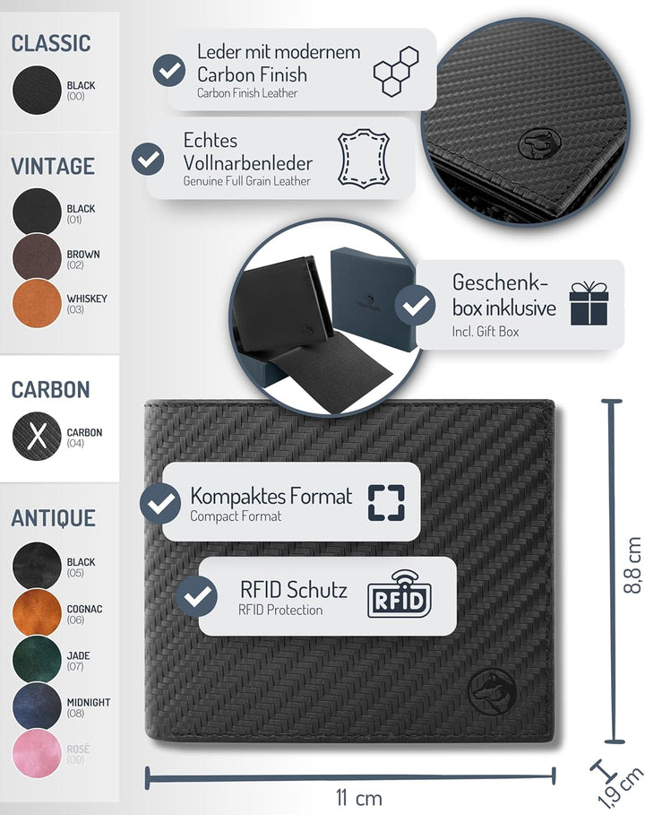 Wolfstrøm Geldbörse Herren Leder 'Nørge' – Tri-Fold Herren-Portemonnaie RFID-Blocker – 6 Karten-Fach