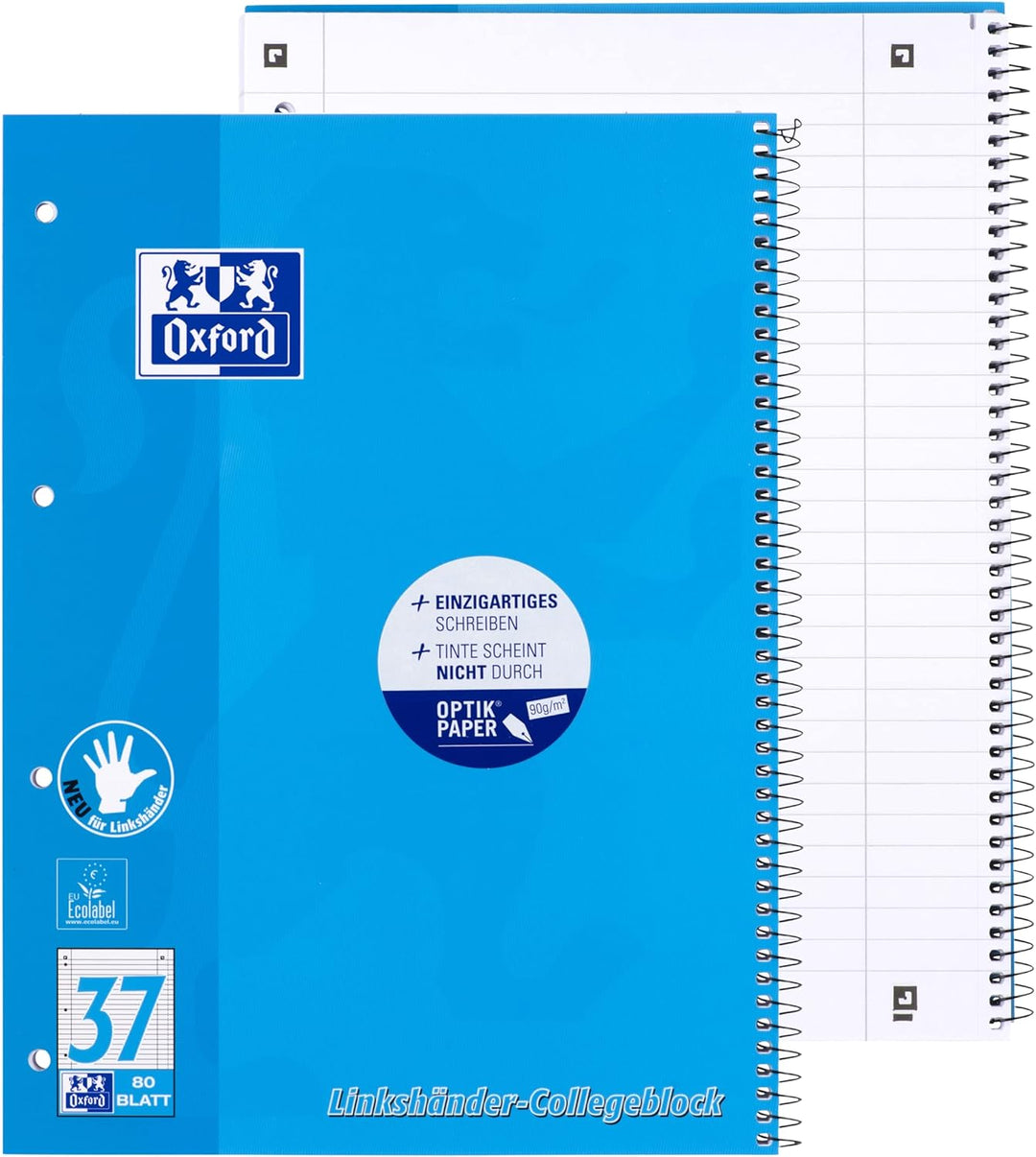 Oxford Linkshänder-Collegeblock A4 liniert, 80 Blatt, blau, 10 Stück Organiserbook Lineatur 37 - lin