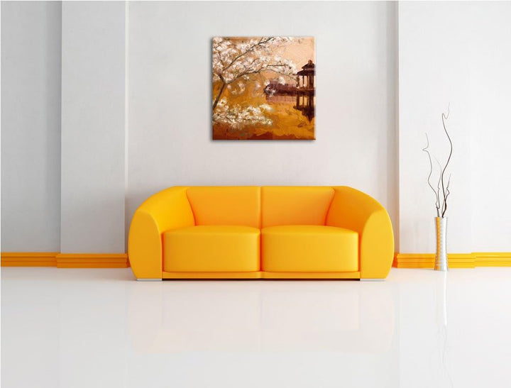Pixxprint Kirschbaum an See als Leinwandbild/Grösse: 70x70 cm/Wandbild/Kunstdruck/fertig bespannt, 7