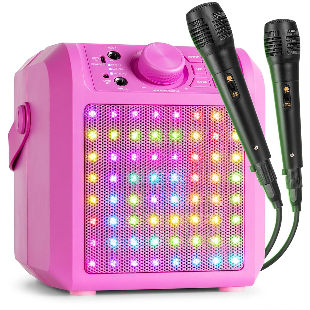 Fenton KAR55P – Musikbox Kinder Karaoke Anlage mit 2 Mikrofonen, LED- Matrix Panel, Bluetooth, 10 St