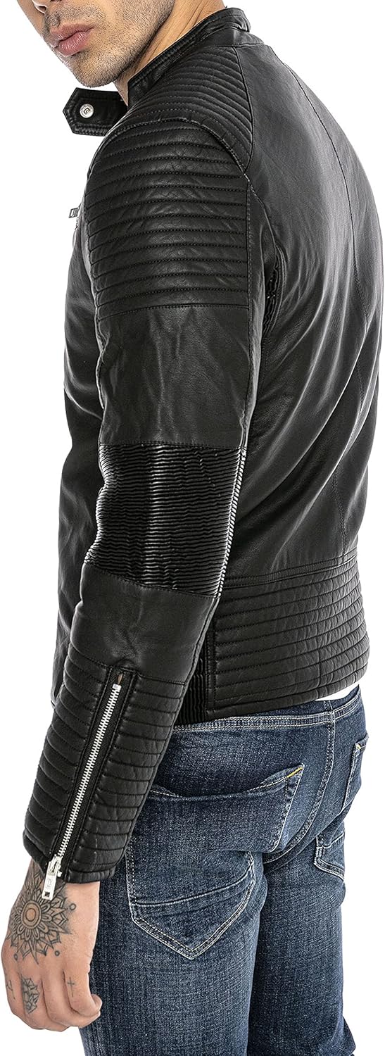 Herren Lederjacke Kunstleder Bikerjacke Übergangsjacke Brooklyn Slim Fit Schwarz M Schwarz, M Schwar