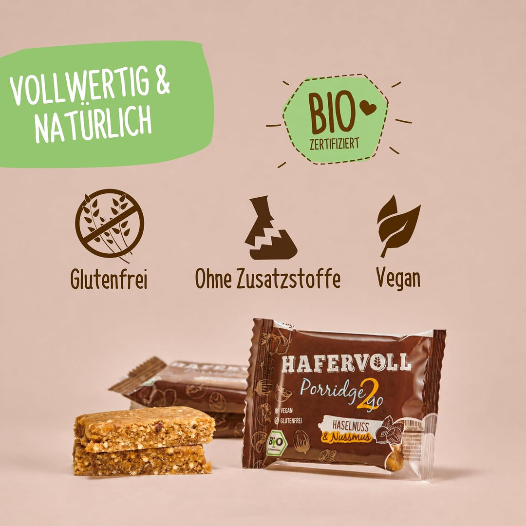 Hafervoll Porridge2go Haselnuss &amp; Nussmus, 13 x 55g Riegel - Vegan, Bio, Glutenfrei, Naschen ohne Zu