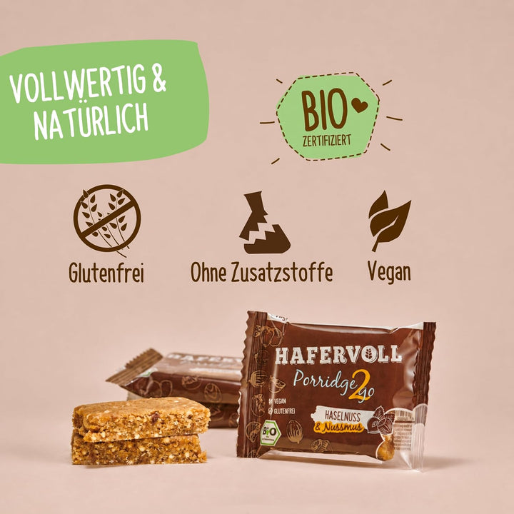 Hafervoll Porridge2go Haselnuss &amp; Nussmus, 13 x 55g Riegel - Vegan, Bio, Glutenfrei, Naschen ohne Zu