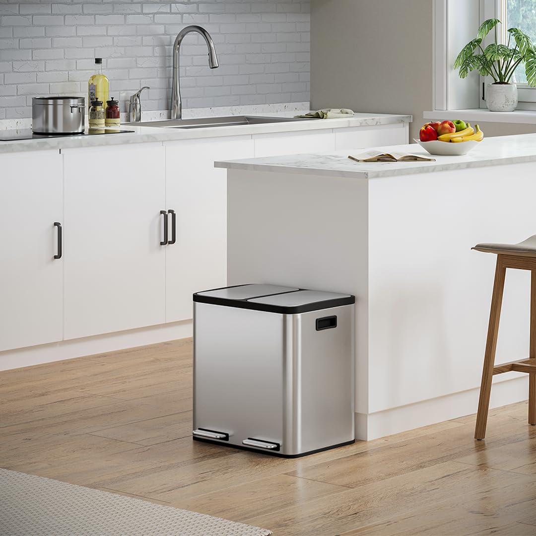 STEELSØN Epsilon Mülleimer 2 Fächer – Mülltrennsystem Küche 2x15L aus Edelstahl Silber – Tretmülleim
