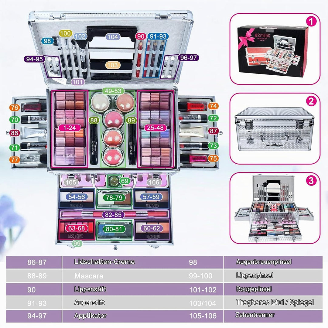 JasCherry Schminkkoffer Multifunktions Schmink Kosmetik Make-up Set mit Lipgloss, Lidschatten, Blush