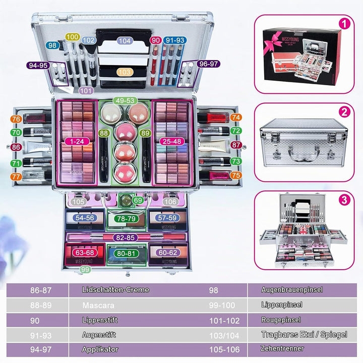 JasCherry Schminkkoffer Multifunktions Schmink Kosmetik Make-up Set mit Lipgloss, Lidschatten, Blush