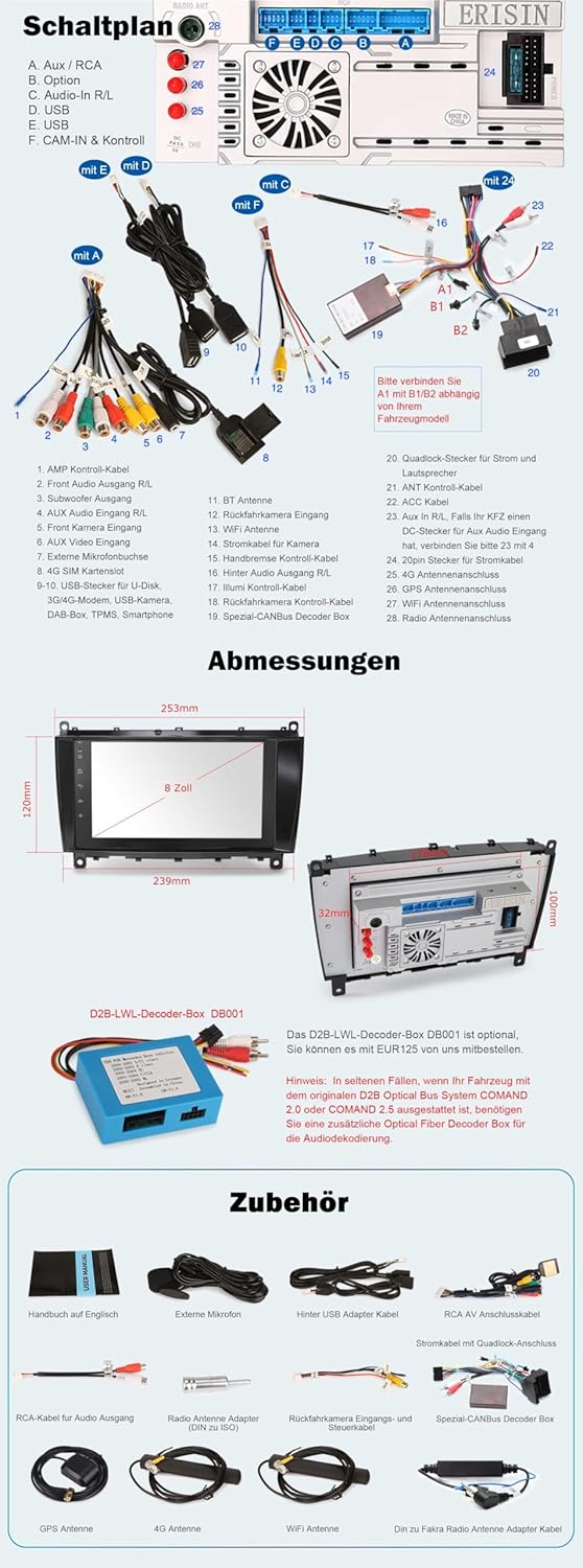 Erisin Android 12.0 8-Kern 4GB RAM+ 64GB ROM 8 Zoll Autoradio Mit GPS Navi für Mercedes Benz CLK-Kla