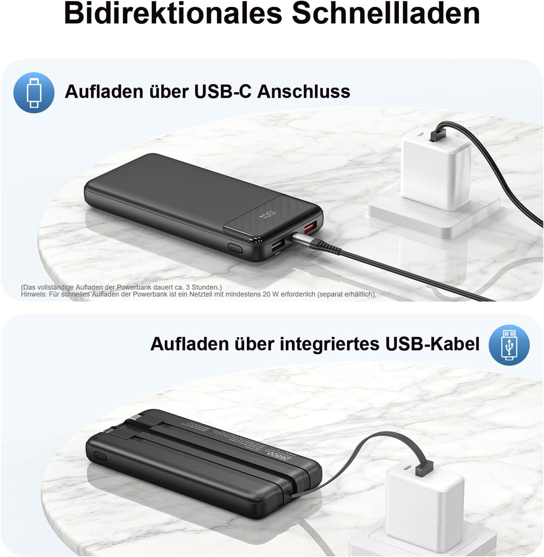 Powerbank 20000 mAh mit Integrierten 3 Kabeln, 22,5 W Schnellladung Power Bank Tragbares Ladegerät P