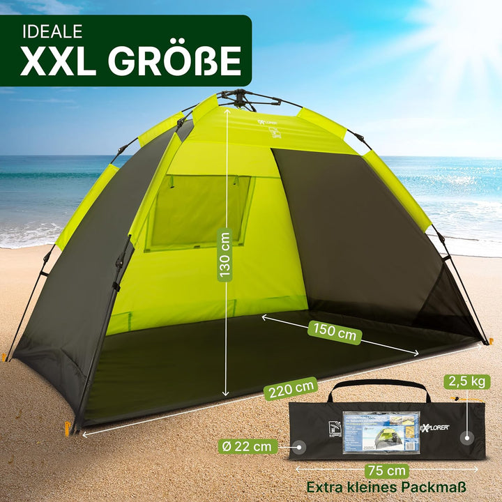 EXPLORER XXL Automatik Strandmuschel mit UV Schutz 80+ [220x150x130cm] kleines Packmass leicht und s