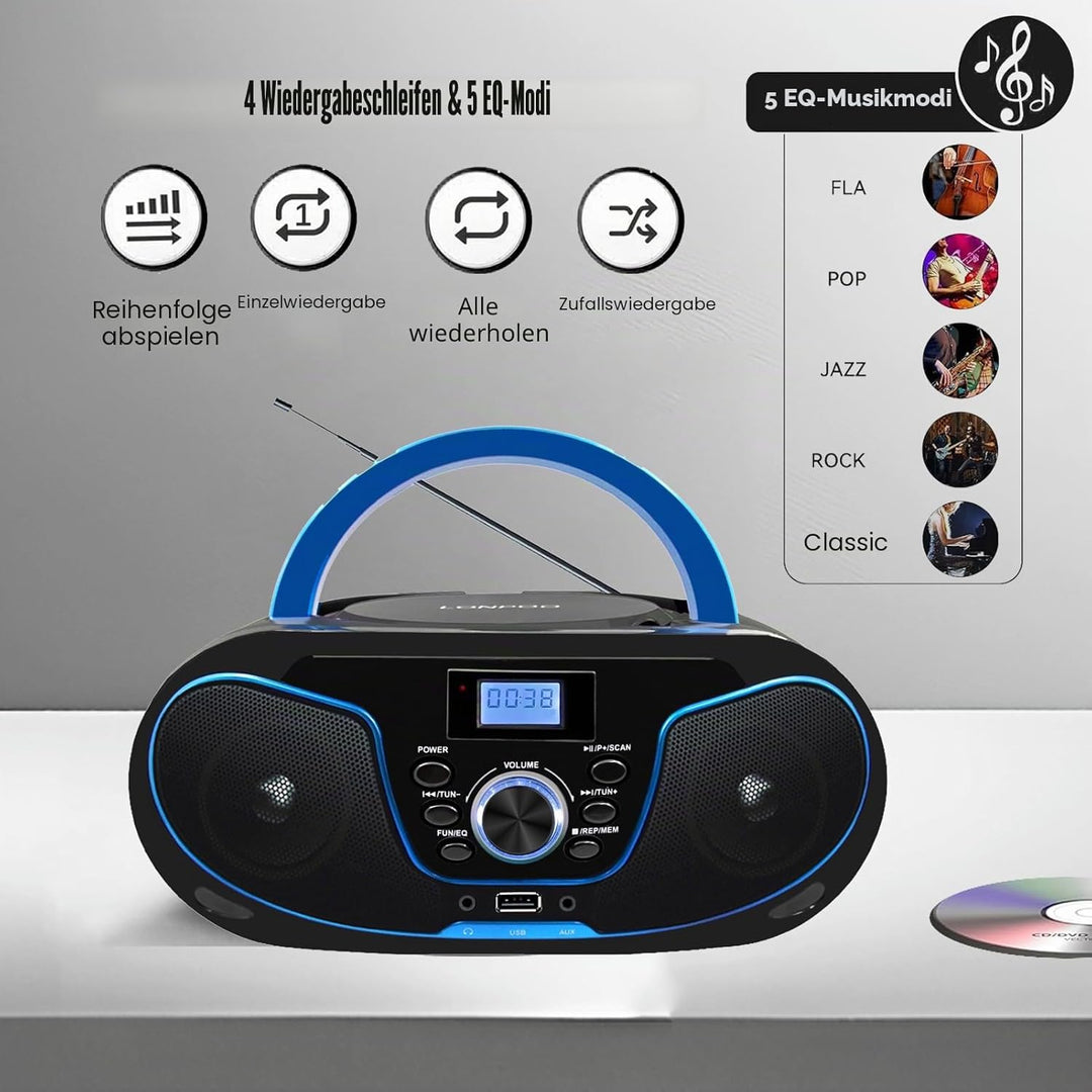Tragbar CD Player Boombox Bluetooth - mit UKW Radio, USB Eingang & AUX & Kopfhörern Ports, 2 x 2 Wat