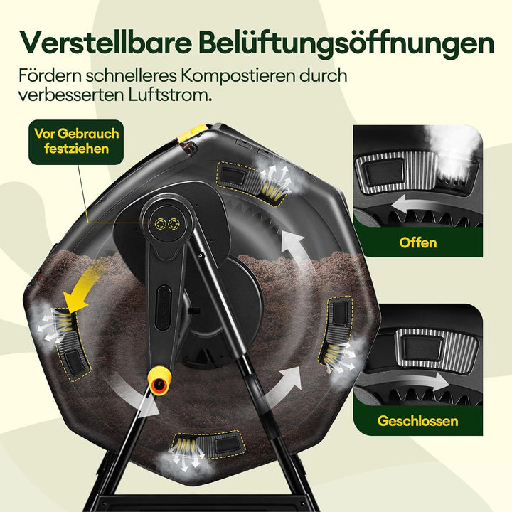 Komposter Garten 200L Schnellkomposter mit 2 Grossen Kammern und Schiebetüren Trommelkomposter 360°-