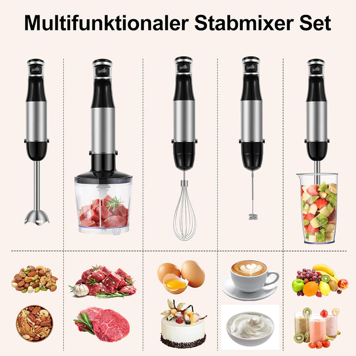Stabmixer Set 5 in 1-1000W Pürierstab - Stufenlose Geschwindigkeit | Edelstahl Hand Blender Mit Schn