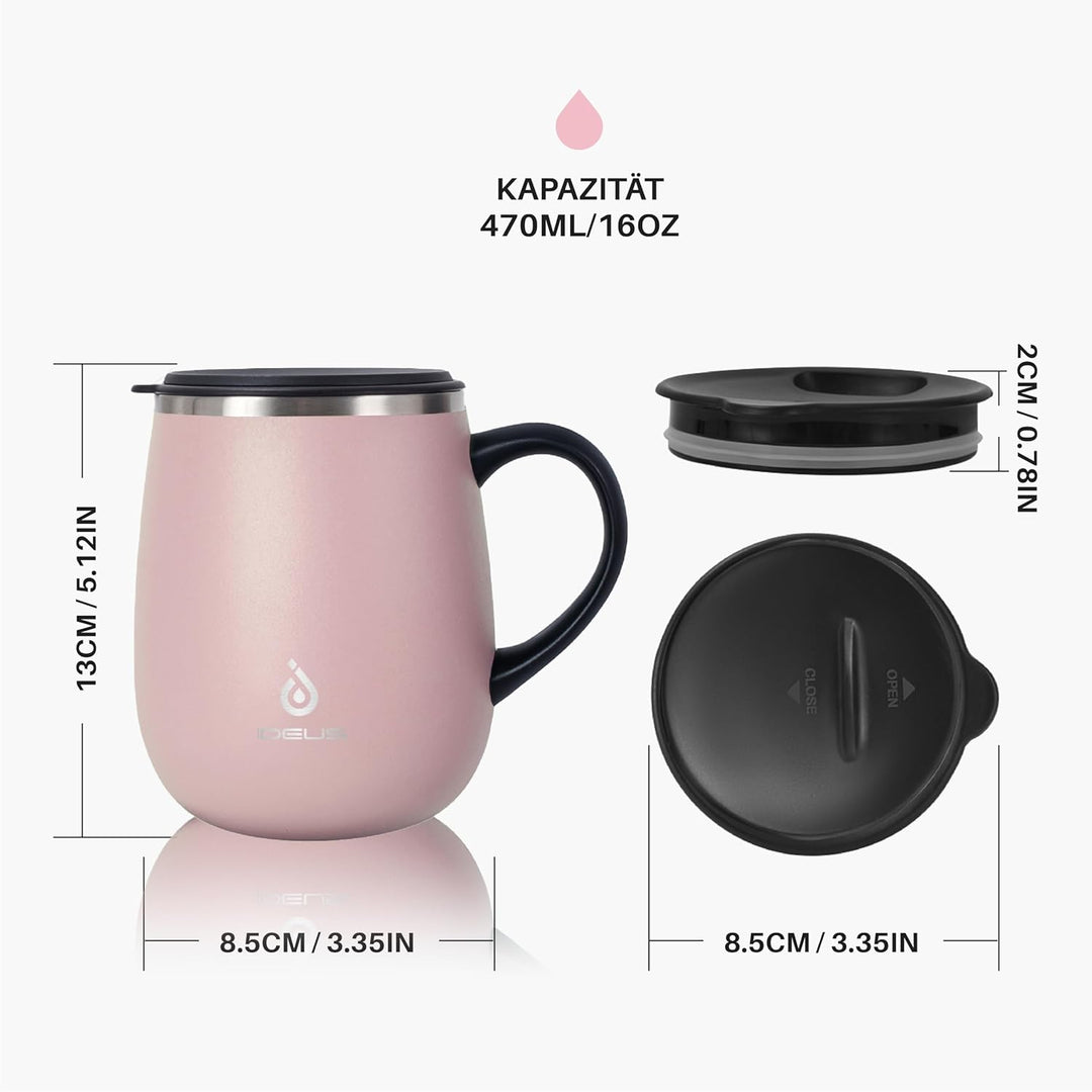 Ideus Kaffeebecher 470 ml (16 oz), doppelwandige vakuumisolierte Kaffee- und Teetasse aus Edelstahl
