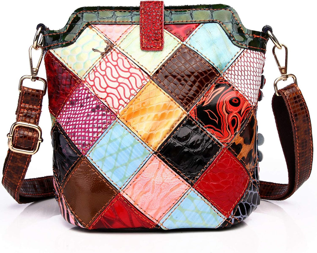 Segater® Mehrfarbig Floral Rind Leder-Umhängetasche für Damen, Vintage Rindsleder Handtasche Blumenm