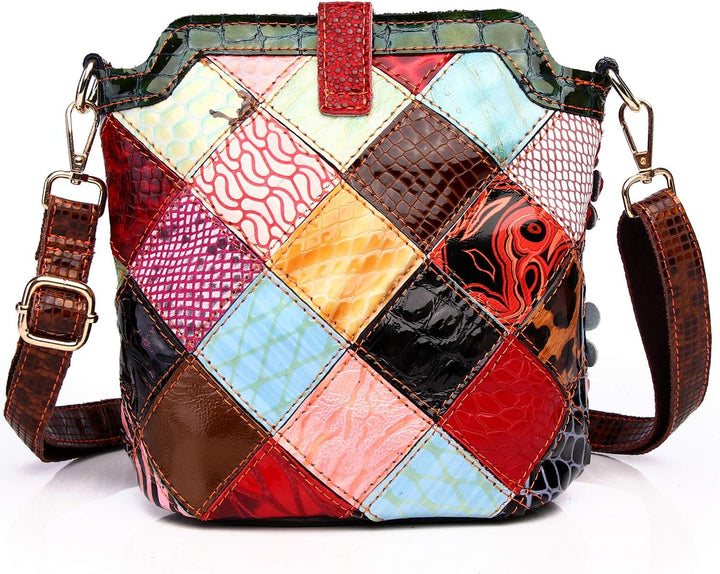 Segater® Mehrfarbig Floral Rind Leder-Umhängetasche für Damen, Vintage Rindsleder Handtasche Blumenm