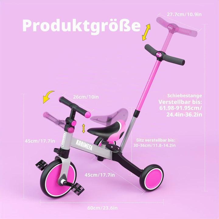 KORIMEFA 4 in 1 Laufräder Laufrad Kinderdreirad Dreirad Lauffahrrad Lauflernhilfe mit Schubstange fü