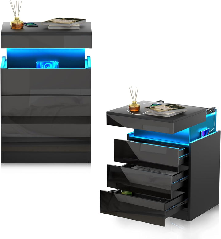 Lvhcmfohm Nachttisch Schwarz 2er Set, Nachtschrank mit Led Licht und Steckdose, Nachtkommode mit 3 S