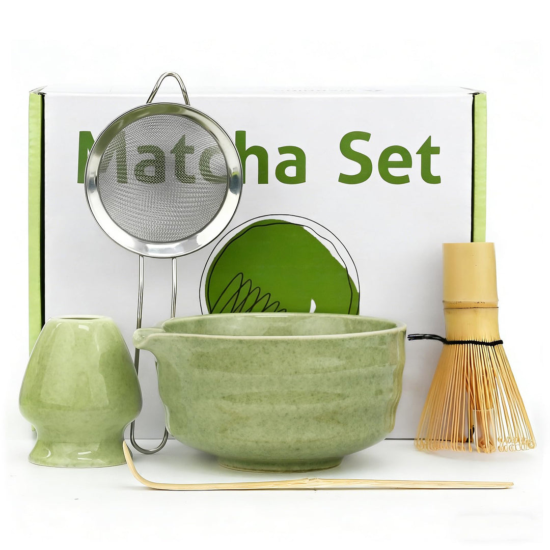 5 Stück Matcha Set, Japanisches Matcha Tee Set mit Bambusbesen, Keramik Schale mit Ausgiesser, Edels