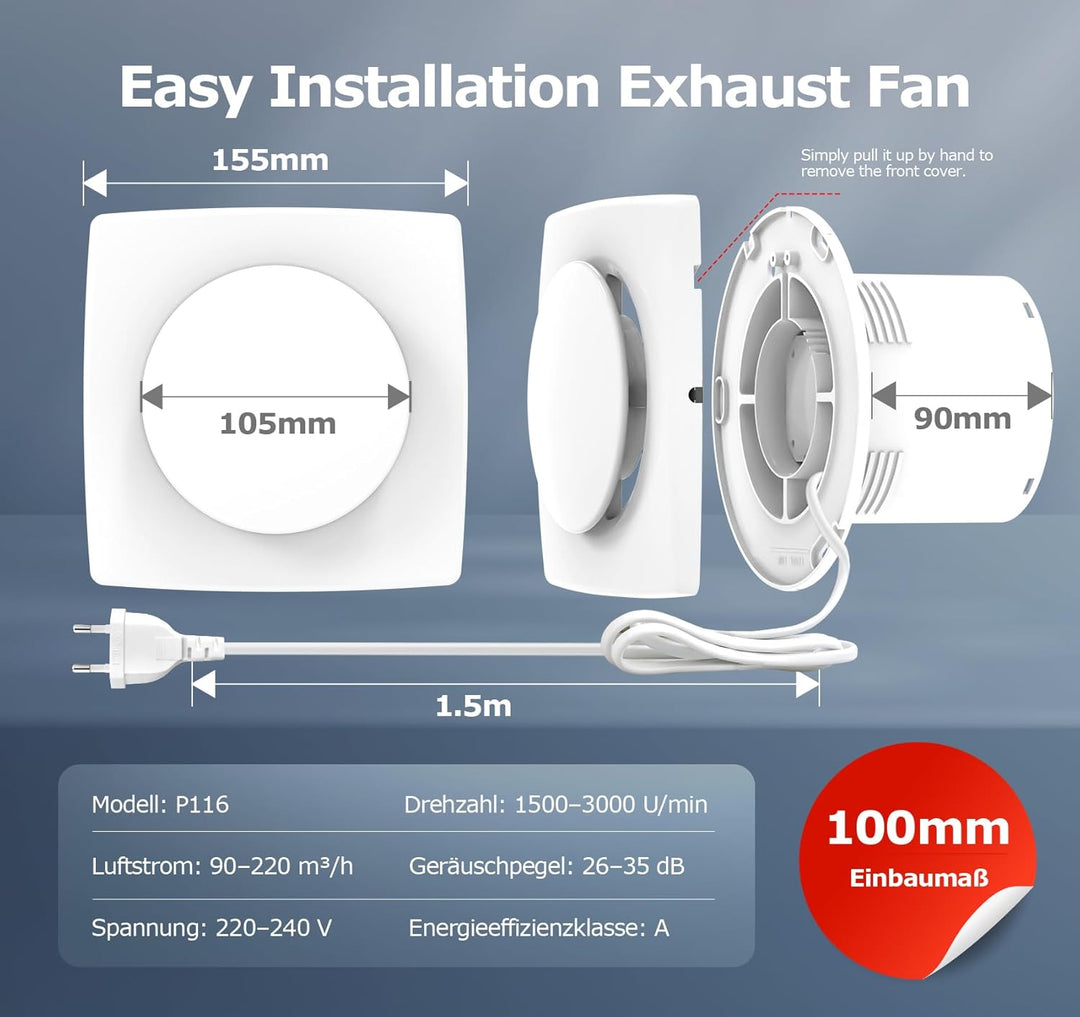BUMSOU Badlüfter 100mm mit Fernbedienung, Bidirektional, 6 Geschwindigkeiten mit Anzeigeleuchte, Spe
