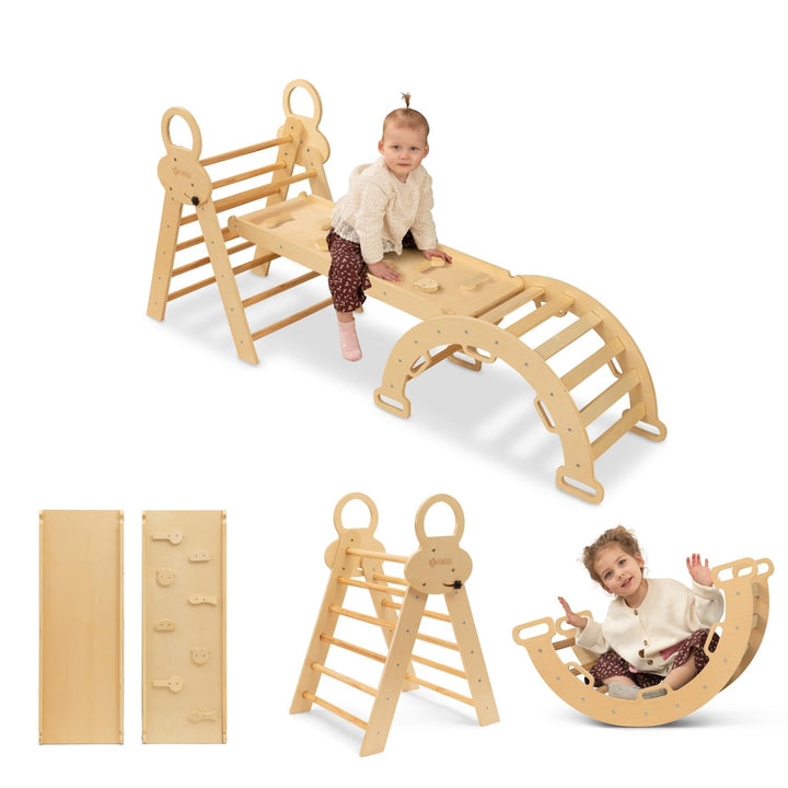 FINOOS Montessori Indoor Spielset: 7-in-1 Klettergerüst mit Rutsche & Bogen für Kleinkinder und Kind