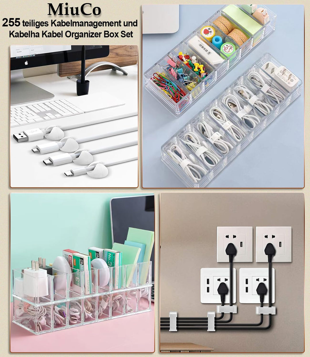 MiuCo 255Pcs Weiss Kabelmanagement Set Mit Kabelbox, Kabelhalter Selbstklebend, Rollenkabelbinder, S