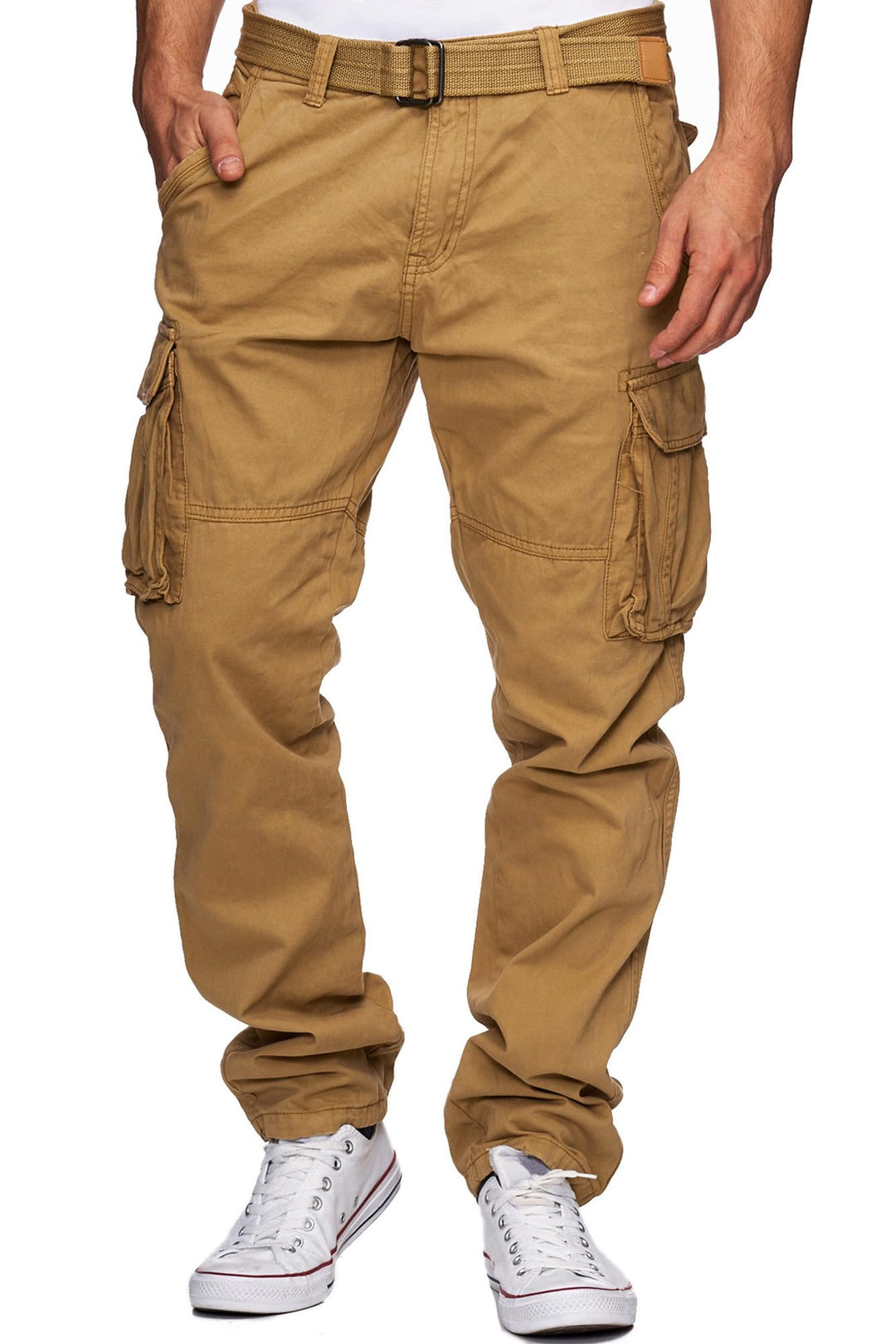 Indicode Herren William Cargohose aus Baumwolle m. 7 Taschen inkl. Gürtel | Outdoorhose S Amber, S A