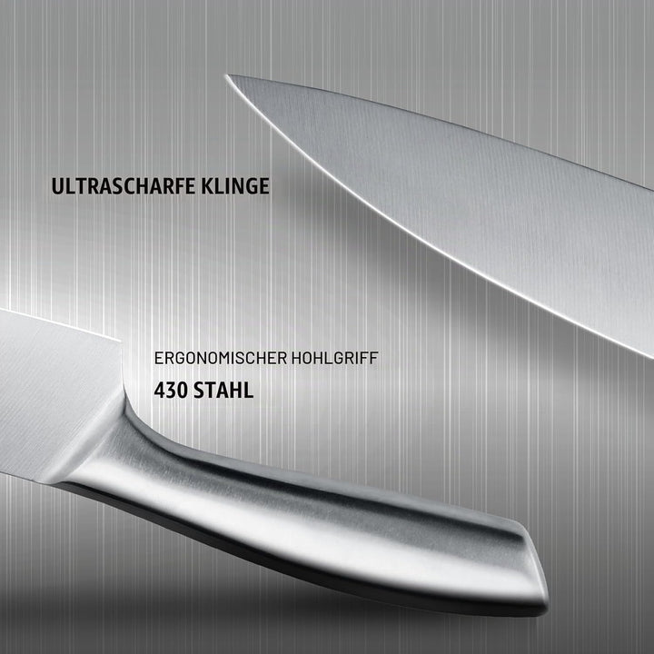 hecef 5-tlg Messerset, Scharfes Küchenmesser Set, Alles in Edelstahl Silber Schneidemesser, Chefmess