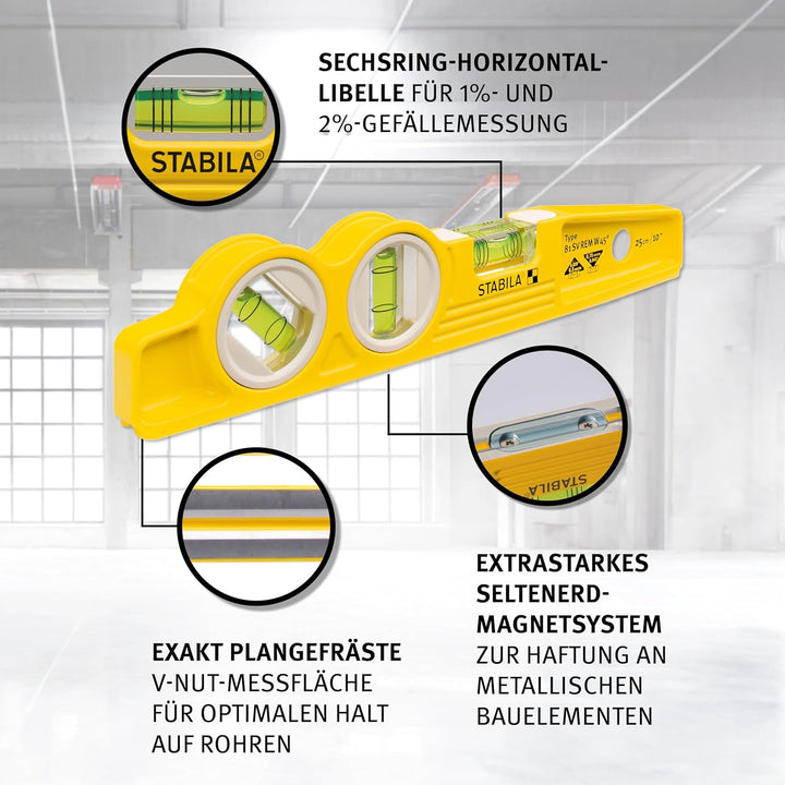 STABILA Magnet-Wasserwaage Type 81 SV REM W45 Torpedo mit Tasche, 25 cm, Alu-Gussprofil, Seltenerd-M