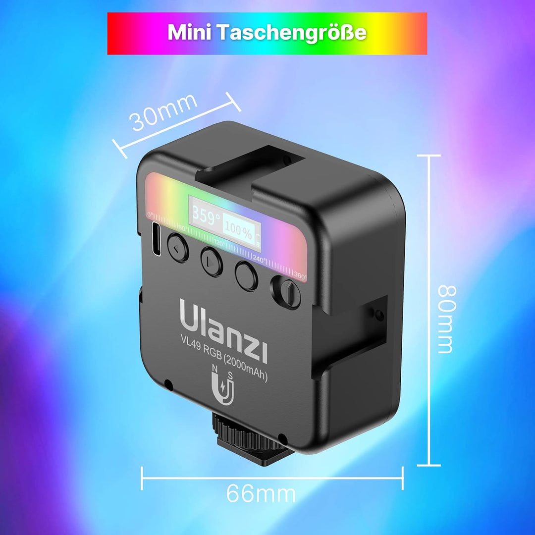LED Videoleuchte RGB mit Eingebautem Akku, Mini Dimmbare Videolicht 2500K-9000K, Kamera Licht Dauerl