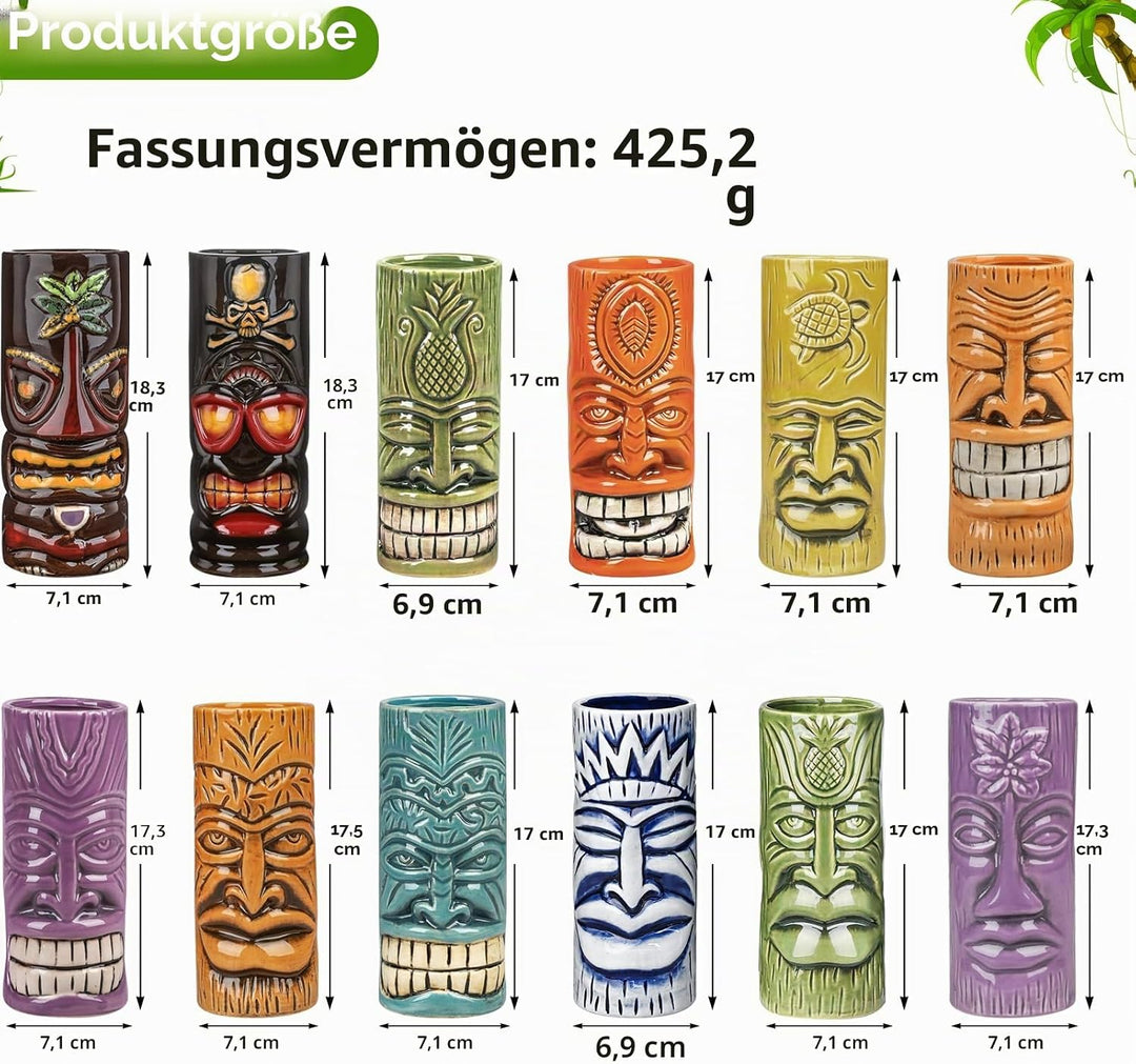 SuproBarware Tiki Tassen Set von 12 - Grosse Cocktail Tiki Gläser Hawaii Party Niedlich Exotische Co