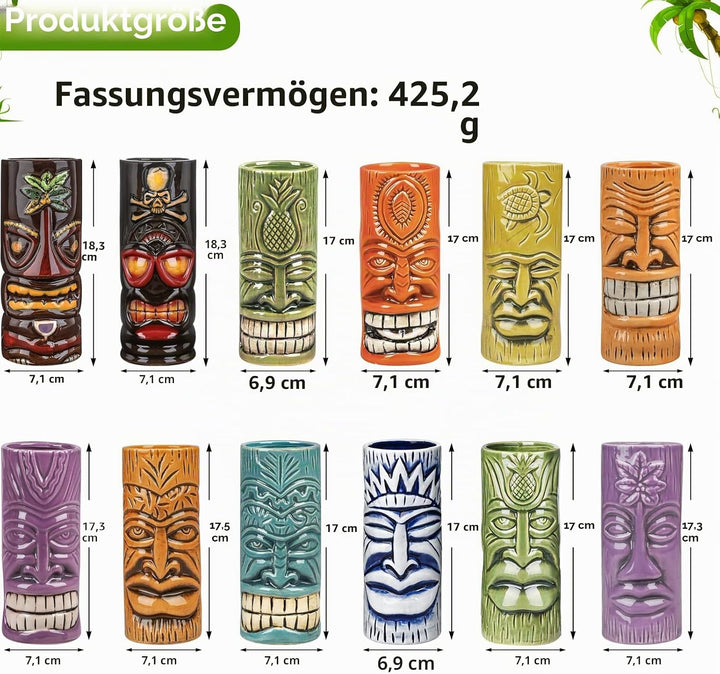 SuproBarware Tiki Tassen Set von 12 - Grosse Cocktail Tiki Gläser Hawaii Party Niedlich Exotische Co