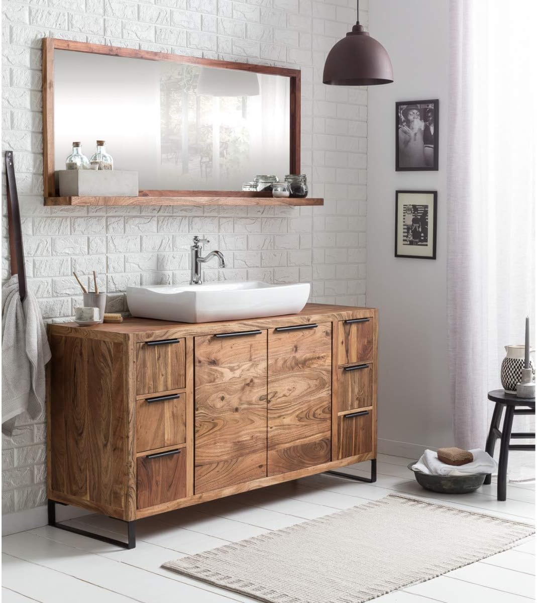 Woodkings Sydney Bad Spiegel I 135x60 cm mit Kleiner Ablage I massiv Holz Rahmen Akazie hell I gross