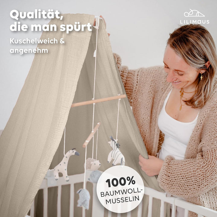 lilimaus Betthimmel Babybett [Beige] - Himmel Babybett aus 100% Baumwolle Musselin Handmade - Betthi