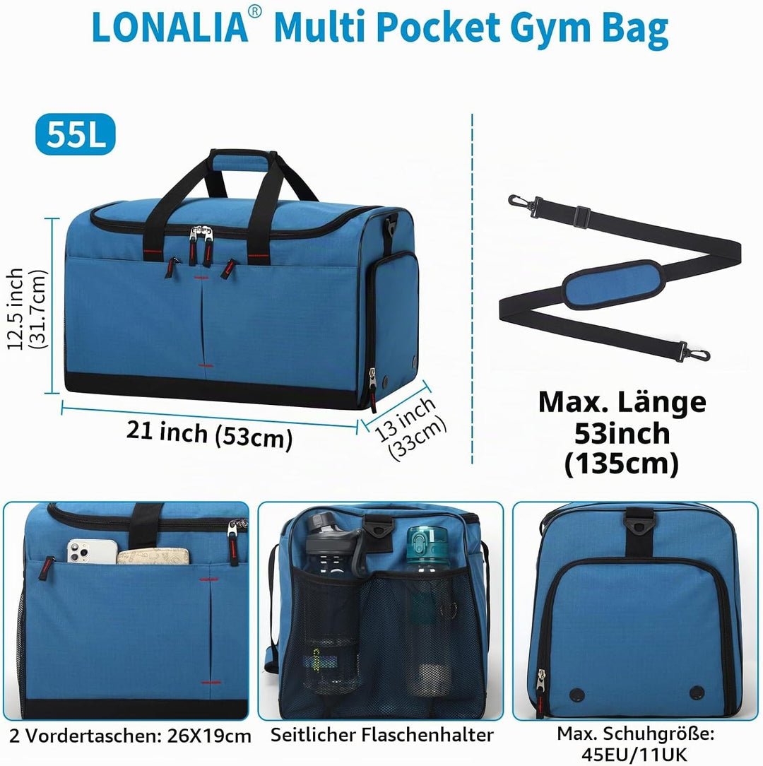 55L Sporttasche &amp; Reisetasche für Herren Gross - mit Schuhfach &amp; Nassfach - Trainingstasche, Tasche