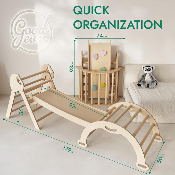 Goodevas 5-in-1 Montessori Klettergerüst Set: Indoor Kletterdreieck, Kletterbogen mit Kissen, und Ru