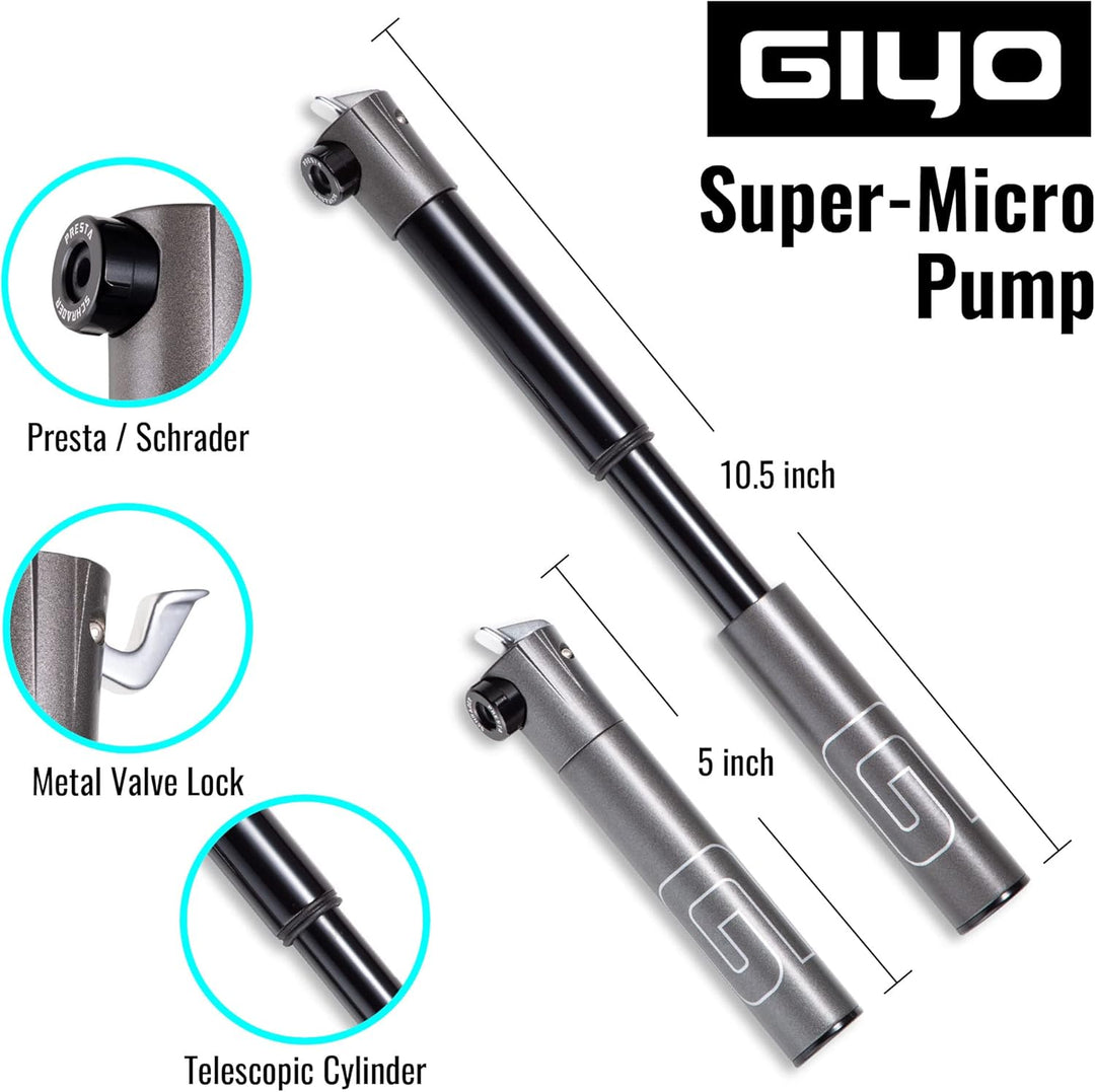 GIYO Super Micro Fahrradreifenpumpe, aus Metall, kleinste Pumpe, erhältlich mit Teleskoppumpe für MT