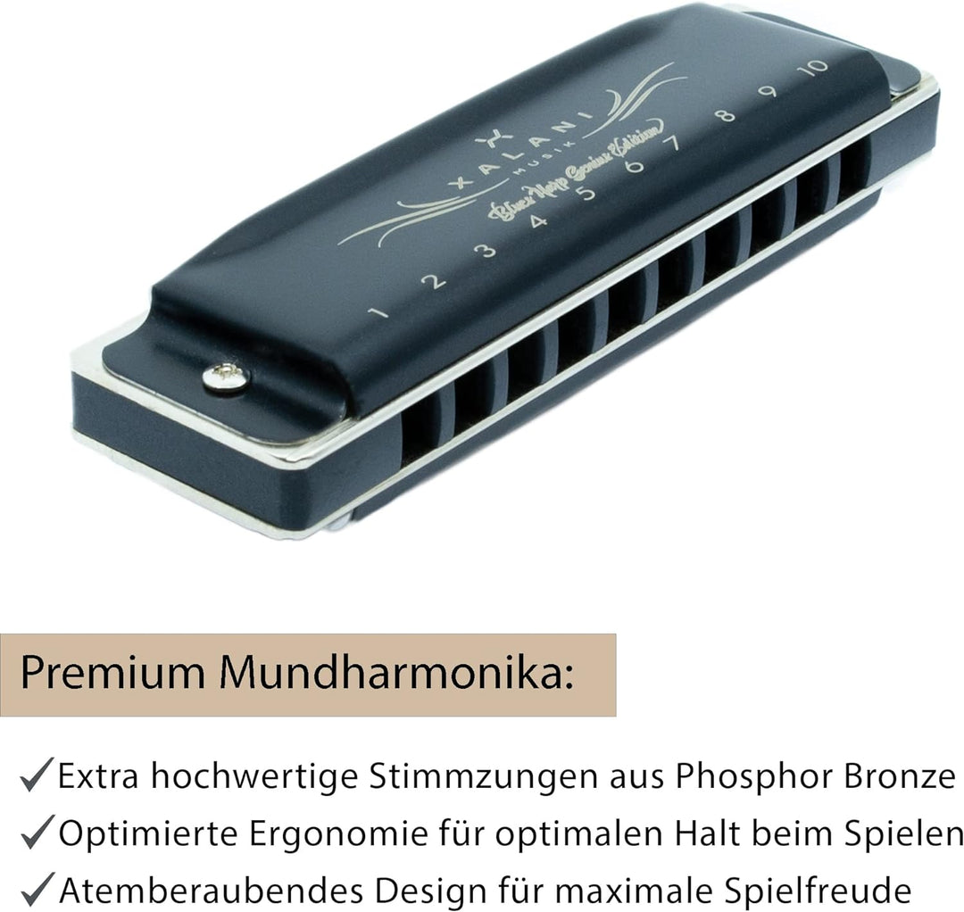 XALANI Mundharmonika Genius Edition inkl. Etui und Pflegetuch I Bonus: E-Book gratis I G-Dur Blues H