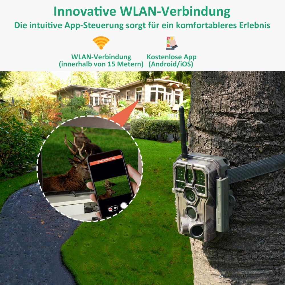 GardePro E8 Wildkamera WLAN mit 32 GB SD-Karte, 64MP H.264 1296P Video, 27m Infrarot Nachtsicht Bewe