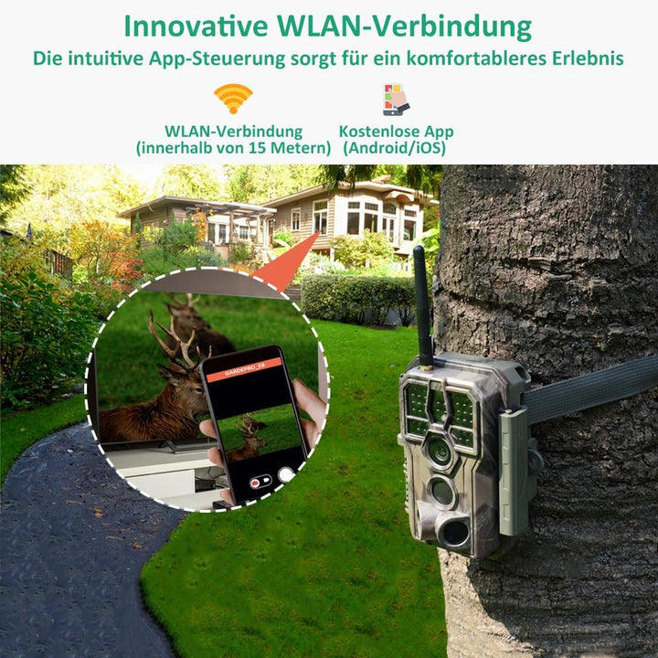 GardePro E8 Wildkamera WLAN mit 32 GB SD-Karte, 64MP H.264 1296P Video, 27m Infrarot Nachtsicht Bewe