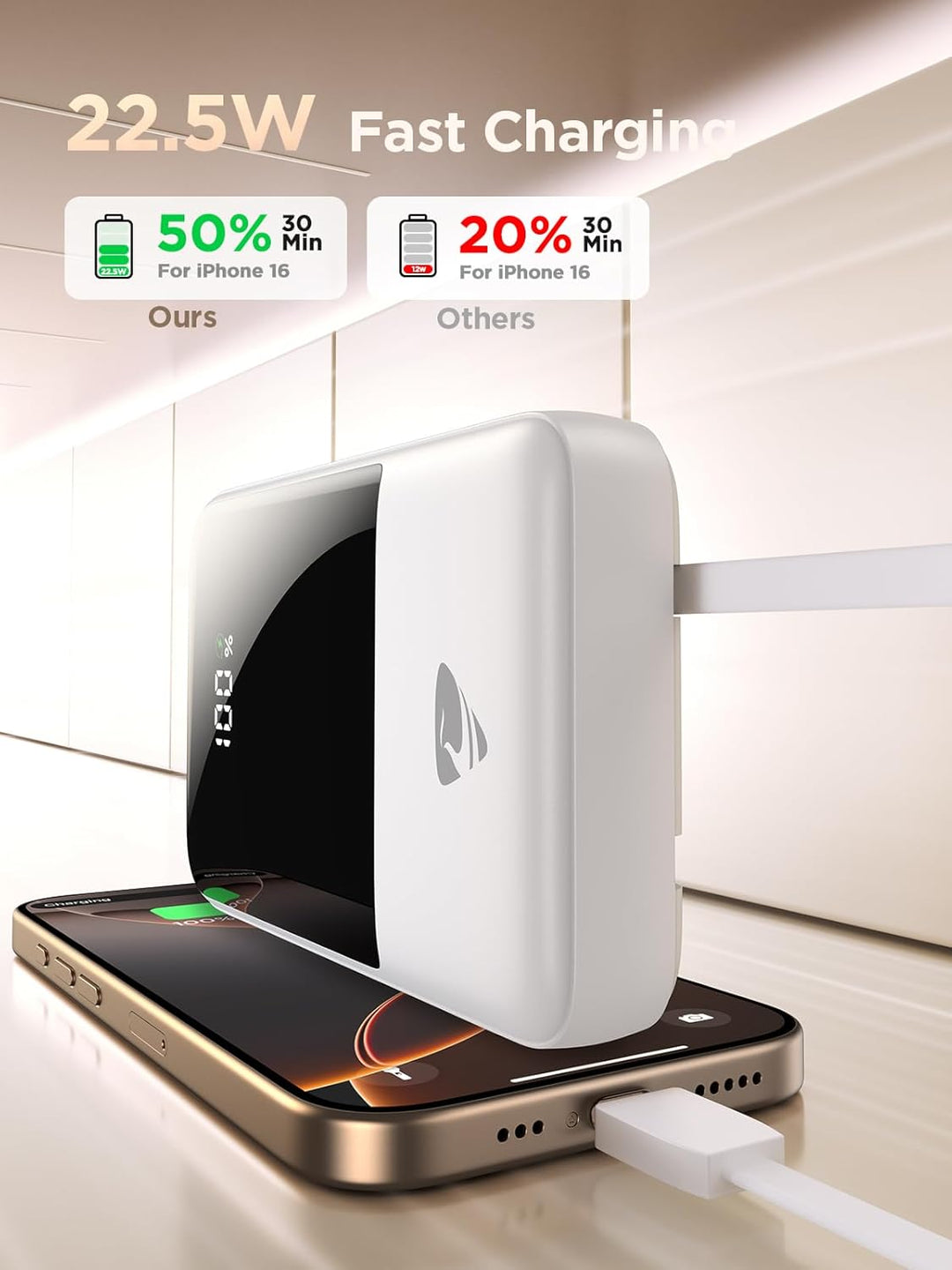 Aioneus 20.000 mAh Powerbank mit integrierten Kabeln, 22,5 W PD Schnellladegerät, tragbares Ladegerä