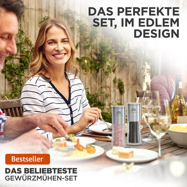 Edelstahl Salz und Pfeffermühle Set mit Keramikmahlwerk - stufenlos einstellbar, Pfeffer und Salzmüh