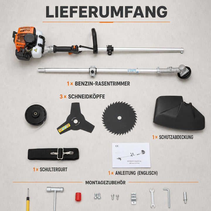 Benzin Motorsense Freischneider 42,7ccm, Rasentrimmer mit 6500 U/min | 2-Takt Motor Garten-Multitool