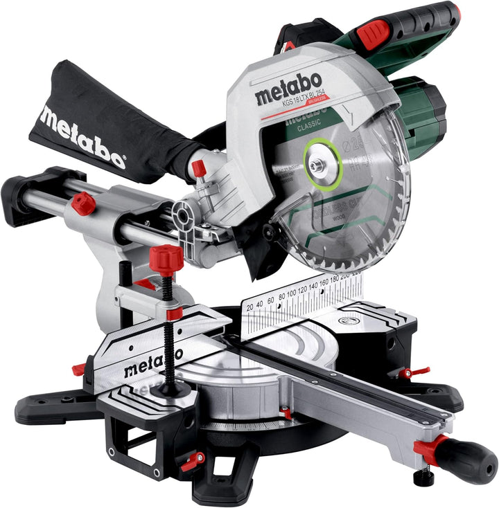 Metabo KGS 18 LTX BL 254 AkkuKappsäge (18V 1x4Ah Li-Power Ladegerät ASC 55 Karton mit Zugfunktion, r