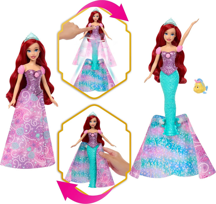 Mattel Disney Princess Arielle-Modepuppe, Verwandlung von Mensch zu Meerjungfrau mit Fabius-Figur un
