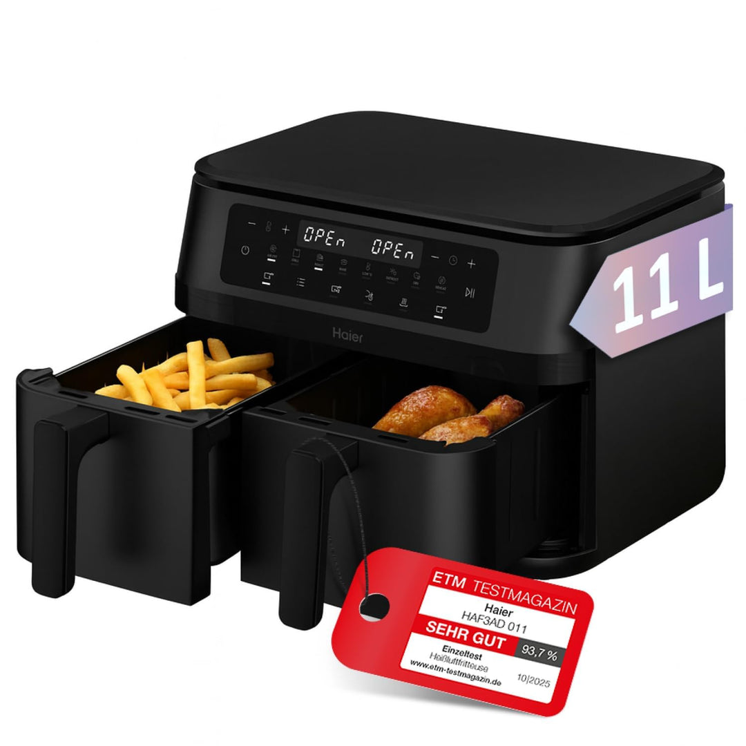 Haier Flex Heissluftfritteuse 2 Kammern I 11 L Airfryer Doppelkammer mit herausnehmbarer Trennwand &