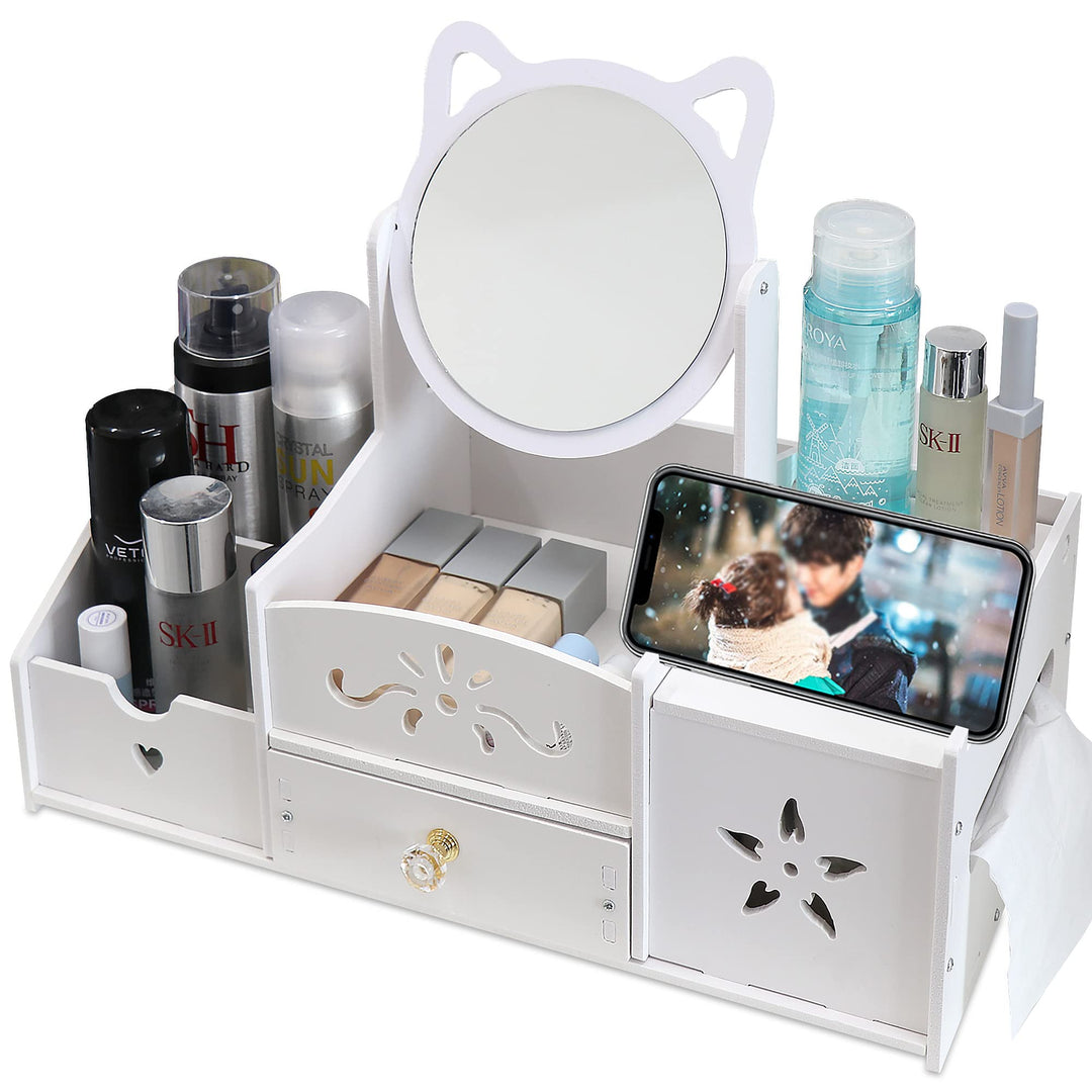 LEcylankEr Cosmetic Organizer, Schminktisch Organizer mit Spiegel, Multifunktionaler Desktop Kosmeti
