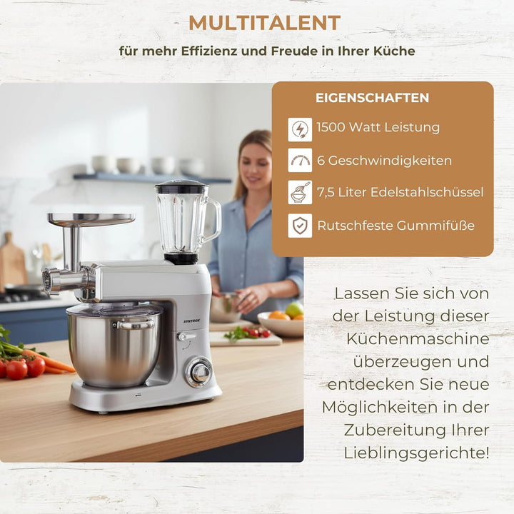 Syntrox Silber Küchenmaschine Wasas Mixen & Zerkleinern 7,5 Liter, Mixer und Fleischwolf in einem, H